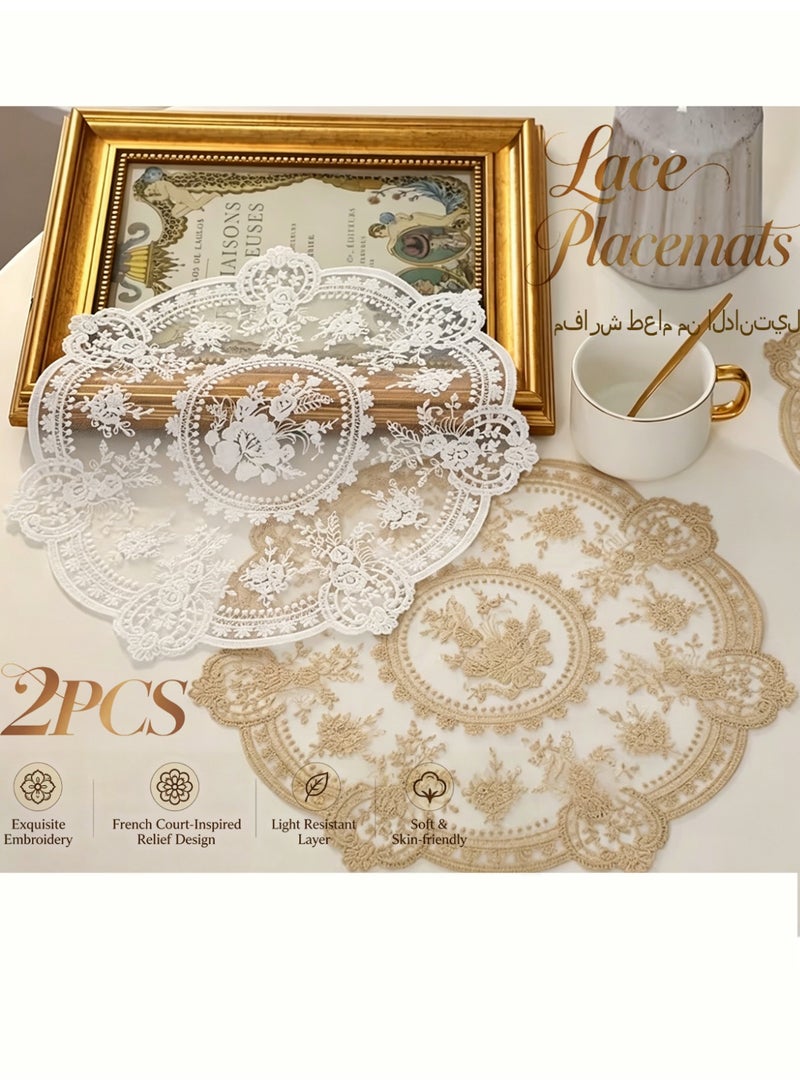 YALONG 2 Pack Retro French Style Lace Placemats, Dollies for Tables, Elegant Vintage Round Crochet Doilies Lace Placemats Knitted Tablecloth, Fashionable Embroidered Cup Mat Vase Mat, for Home Decor/Table Decor/Wedding/Party 34x34 Cm, Beige - Image 1