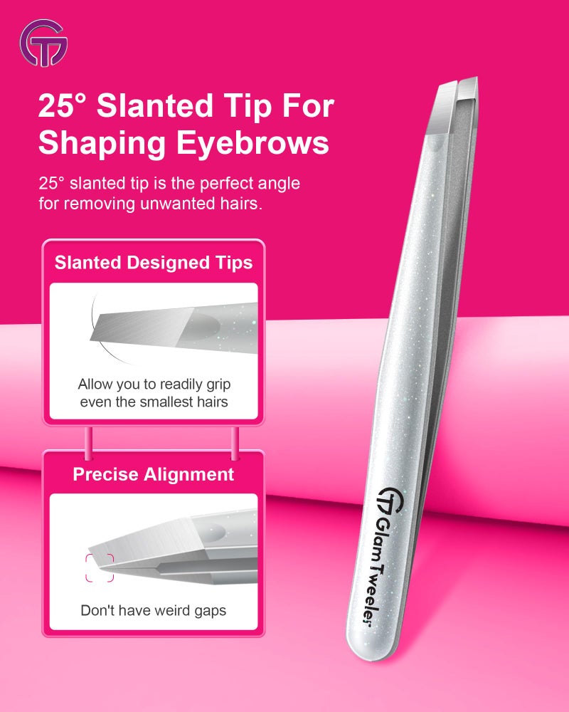 GlamTweeler Expert Slant and Point Tip Tweezer Set with Exclusive Storage & Carrying Case, GlamTweeler Sharp & Precision Tweezer Set for Eyebrows, Facial Hairs and Fine Hairs Removal (Sparkle Silver) - Image 3