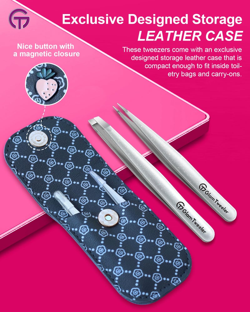 GlamTweeler Expert Slant and Point Tip Tweezer Set with Exclusive Storage & Carrying Case, GlamTweeler Sharp & Precision Tweezer Set for Eyebrows, Facial Hairs and Fine Hairs Removal (Sparkle Silver) - Image 2