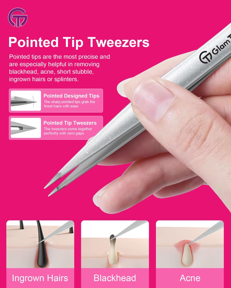 GlamTweeler Expert Slant and Point Tip Tweezer Set with Exclusive Storage & Carrying Case, GlamTweeler Sharp & Precision Tweezer Set for Eyebrows, Facial Hairs and Fine Hairs Removal (Sparkle Silver) - Image 4