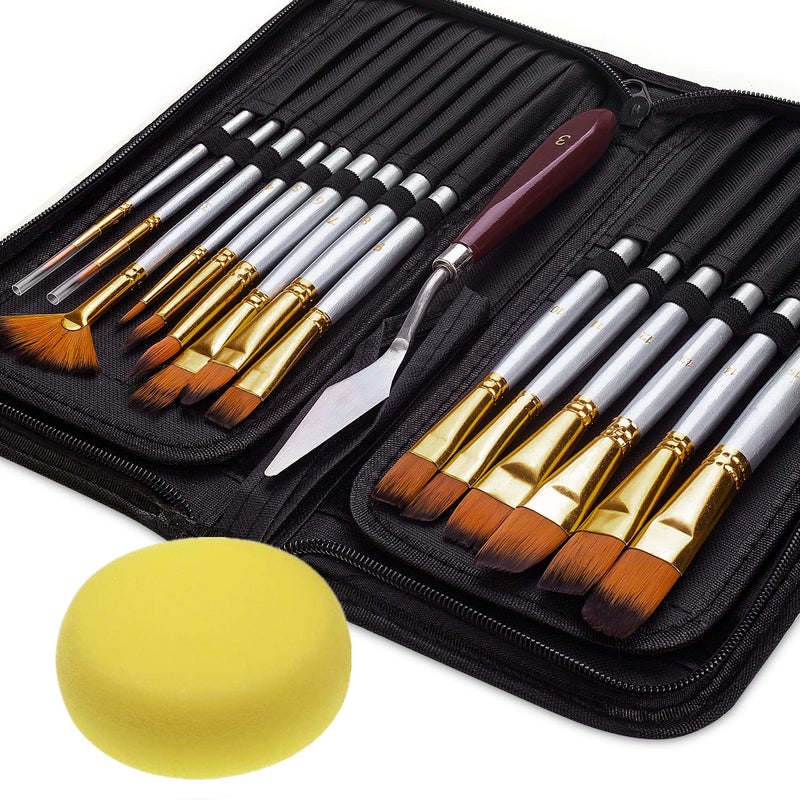 Multifunctional Artist Paint Brushes Set 15 Different Sizes Paint Brushes and 1 Palette Knife 1 Sponge Professional Portable Popup Brushes Set for Acrylic Oil Watercolor Gouache Painting