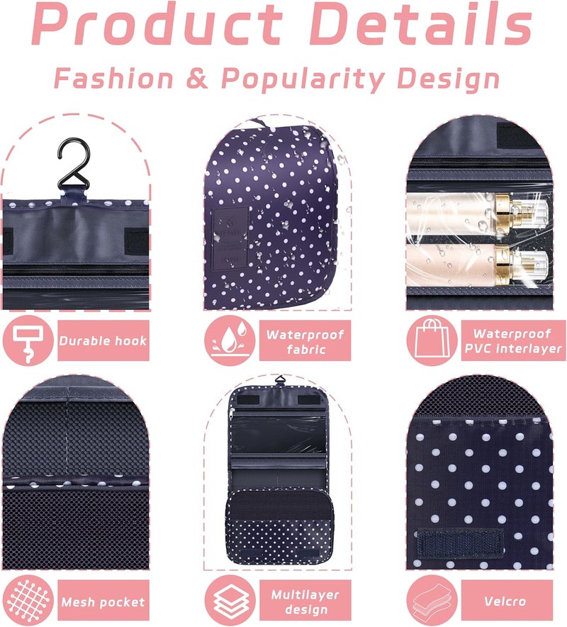 YEMEDA Toiletry Bag Travel Bag with Hanging Hook, Waterproof Capacity Hanging Multifunctional Makeup Bag for Toiletries, Portable Cosmetic Bag Travel Organizer for Women and Men(Navy Dot) - Image 3