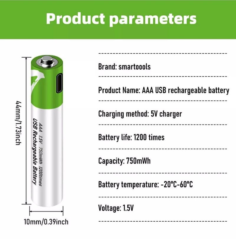 KP Original Battery KP Original Rechargeable AAA Batteries, 1.5V 750mWh, USB Type-C Charging Cable, 4-Pack, High Capacity, Fast Charge, 1200 Cycles, Over-Charge Protection - Image 4