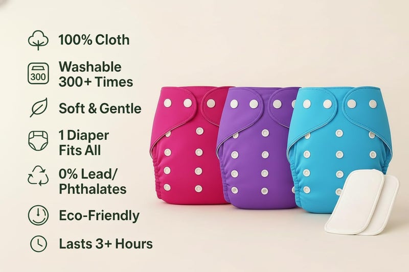 PENTOO Baby Cloth Diapers 0 to 3 Years | Side Leakage Proof Washable Reusable Diaper For New Born Baby Freesize Adjustable, Assorted 3(Pack of 3- Inserts Included) (Pink-Blue-Purple) - Image 3