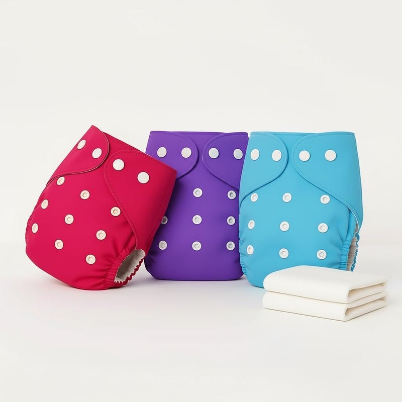PENTOO Baby Cloth Diapers 0 to 3 Years | Side Leakage Proof Washable Reusable Diaper For New Born Baby Freesize Adjustable, Assorted 3(Pack of 3- Inserts Included) (Pink-Blue-Purple) - Image 1