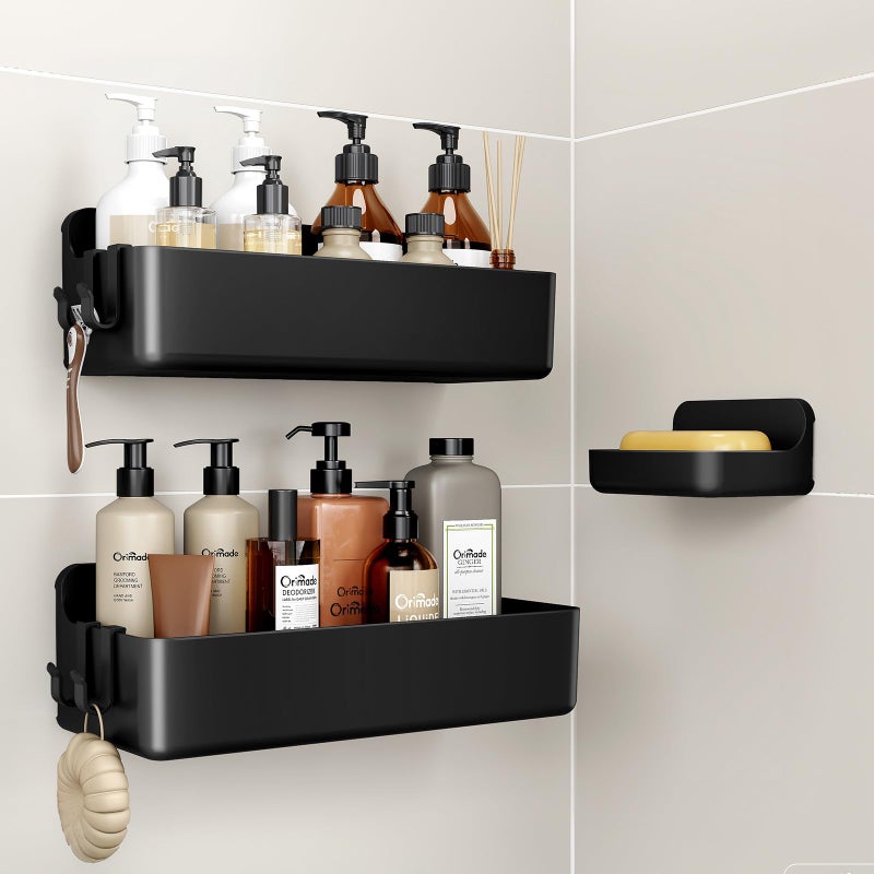 Orimade Shower Caddy 3-Pack, No-Drill Adhesive Shelves with 4 Hooks for Bathroom, Rustproof ABS Plastic Storage Organizer Set, Black - Image 1