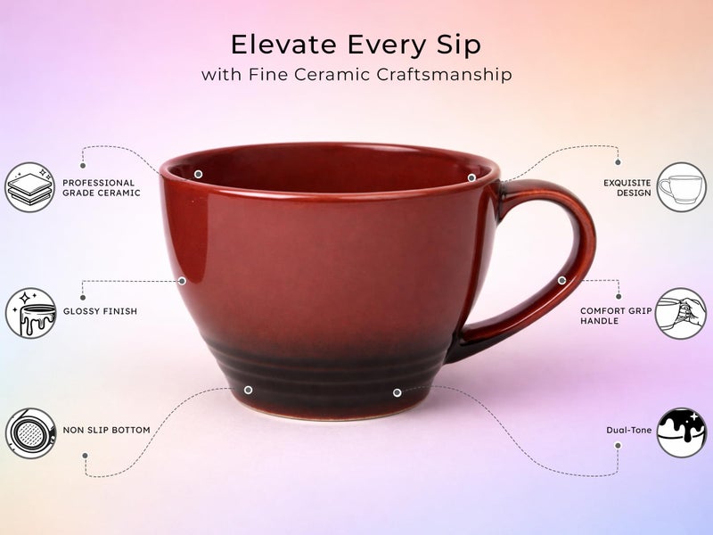 Bodhi House Large Ceramic Coffee Mug | Microwave & Dishwasher Safe | Bone-Ash Free Cappuccino Mug | Multi-Purpose Food Grade Latte Coffee Mug Ideal for Daily Use & Gifting (500ml | Deep Red) - Image 4