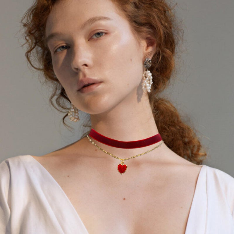 Dayaney Red Heart Necklace  Red Choker Necklace For Women  Gothic Vintage Choker Necklace  Red Velvet Choker Heart Jewelry Gold Chain Choker As Valentines Day Gifts For Her - Image 4
