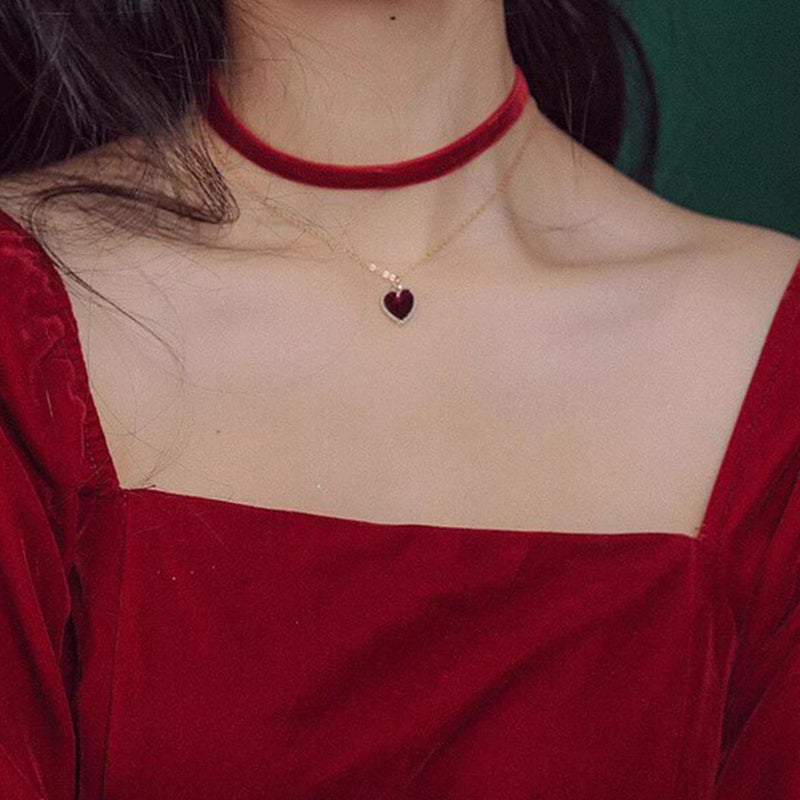 Dayaney Red Heart Necklace  Red Choker Necklace For Women  Gothic Vintage Choker Necklace  Red Velvet Choker Heart Jewelry Gold Chain Choker As Valentines Day Gifts For Her - Image 2