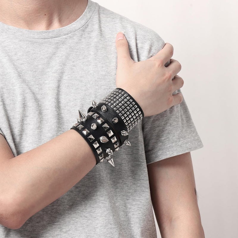 Mafnee Store Mens Bracelet Braided Leather Punk Rock Cuff Bracelets Wrap Bracelet for Men Women Black - Image 2
