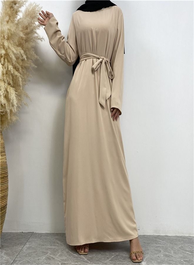 Loquat Lace-Up Pocket Muss Solid Color Dress Abaya Light Beige  - Image 2