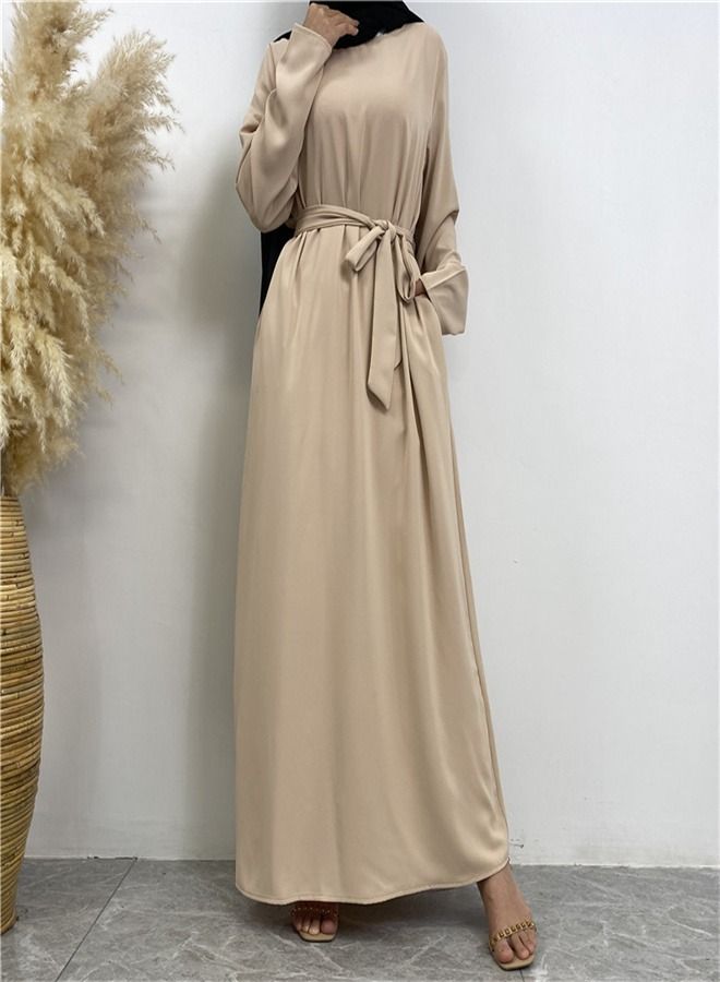Loquat Lace-Up Pocket Muss Solid Color Dress Abaya Light Beige  - Image 1