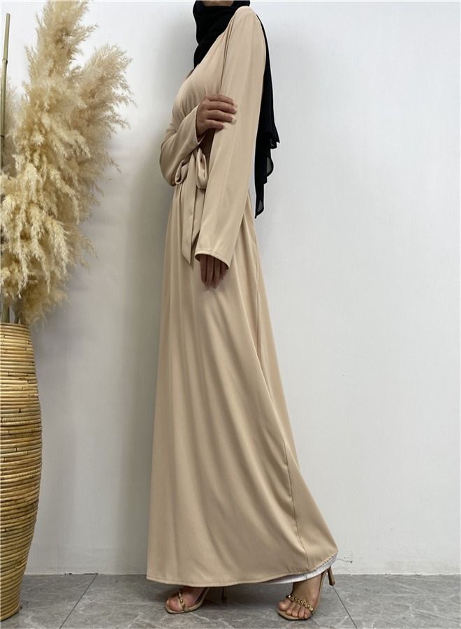 Loquat Lace-Up Pocket Muss Solid Color Dress Abaya Light Beige  - Image 3