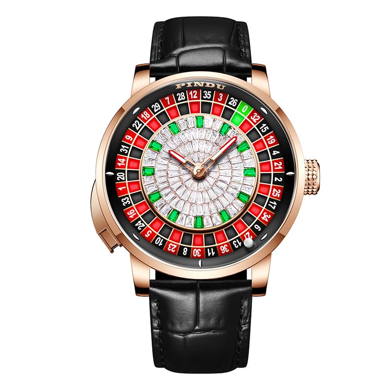 PINDU 1.8 Inches Roulette Wheel Automatic Watches for Men, NH35A Movement Design Button Control, Sapphire Glass Automatically 50M Waterproof Mens Unique American Style Roulette, Mechanical Watch for Game Night (6628-Rhinestones Black) - Image 1