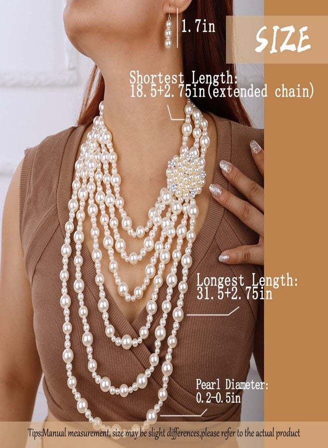 Aimimier 1920s Faux Pearls Choker Necklace with Brooch Multilayered Strand Pearl Beads Cluster Statement Necklace for Women(Style 6) - Image 3