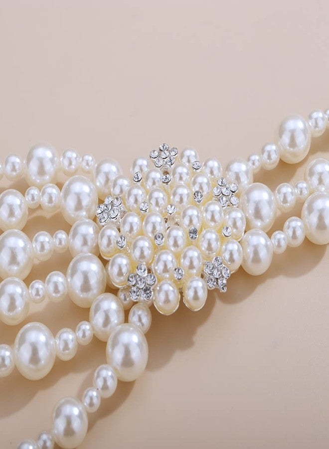 Aimimier 1920s Faux Pearls Choker Necklace with Brooch Multilayered Strand Pearl Beads Cluster Statement Necklace for Women(Style 6) - Image 5