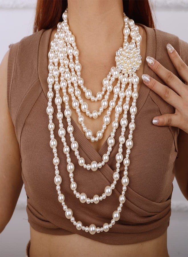 Aimimier 1920s Faux Pearls Choker Necklace with Brooch Multilayered Strand Pearl Beads Cluster Statement Necklace for Women(Style 6) - Image 2