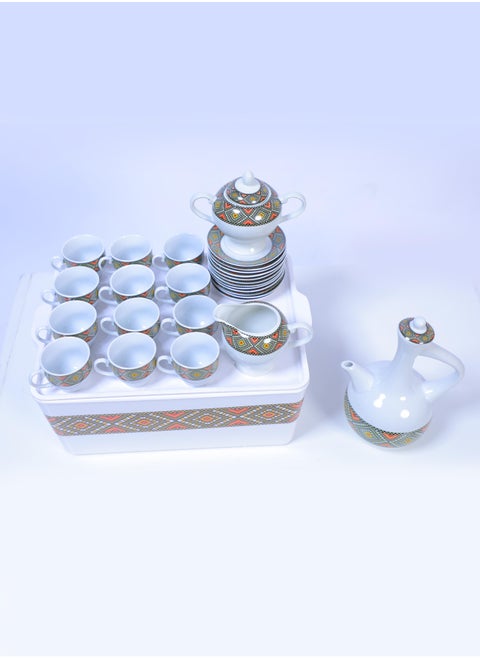 29 - Piece Ethiopian/Eritrean Coffee Set with Box tilet Edition. The full set Comes with 12 cups, 12 saucers, a sugar + milk pot