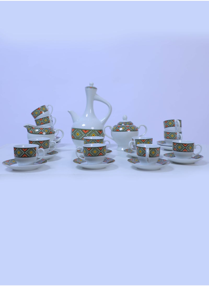 29 - Piece Ethiopian/Eritrean Coffee Set with Box tilet Edition. The full set Comes with 12 cups, 12 saucers, a sugar + milk pot