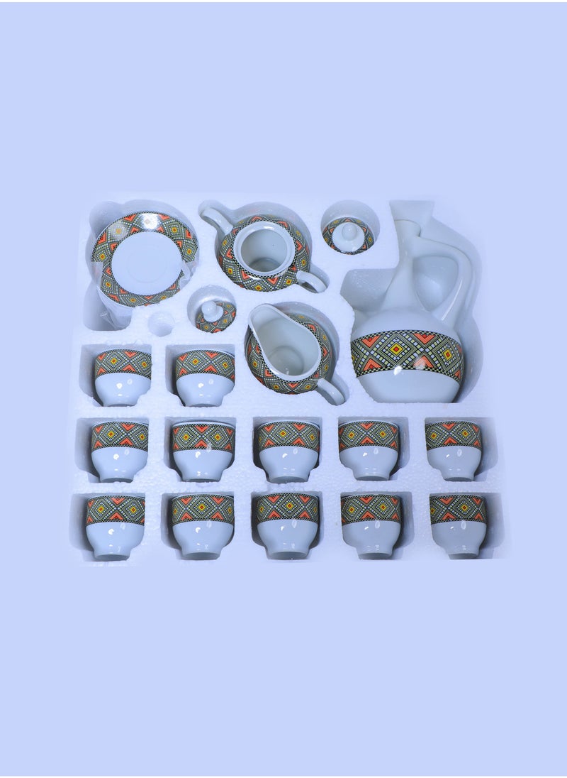 29 - Piece Ethiopian/Eritrean Coffee Set with Box tilet Edition. The full set Comes with 12 cups, 12 saucers, a sugar + milk pot