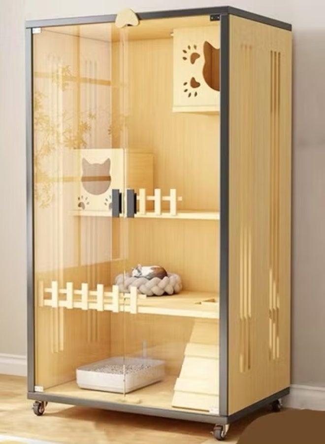 Large Wooden Cat Cage and Indoor Cat House Enclosure with Built-In LED Lights, Multi-Level Play Space, Ventilated Panels, Secure Doors, and 4 Universal Lockable Wheels – Spacious Wooden Cat Condo for Indoor Cats, Kittens, Multi-Cat Homes, and Small Pets 90 x 60 x 150 cm.