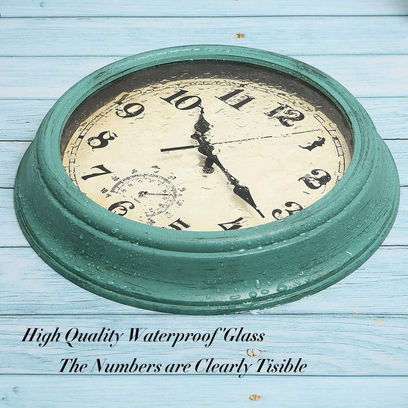 YUMTIM 12 Inch Indoor/Outdoor Retro Waterproof Wall Clock with Thermometer,Vintage Battery Operated Silent Non Ticking Quartz Clock Wall Decorative for Kitchen/Bedroom/Living Room/Bathroom/Patio-Olive green - Image 5