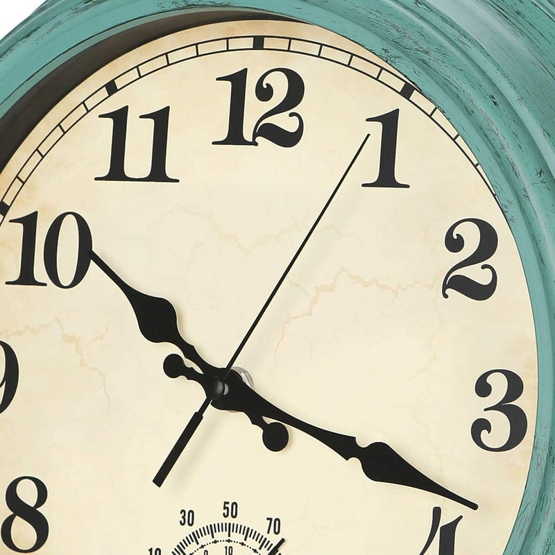 YUMTIM 12 Inch Indoor/Outdoor Retro Waterproof Wall Clock with Thermometer,Vintage Battery Operated Silent Non Ticking Quartz Clock Wall Decorative for Kitchen/Bedroom/Living Room/Bathroom/Patio-Olive green - Image 2