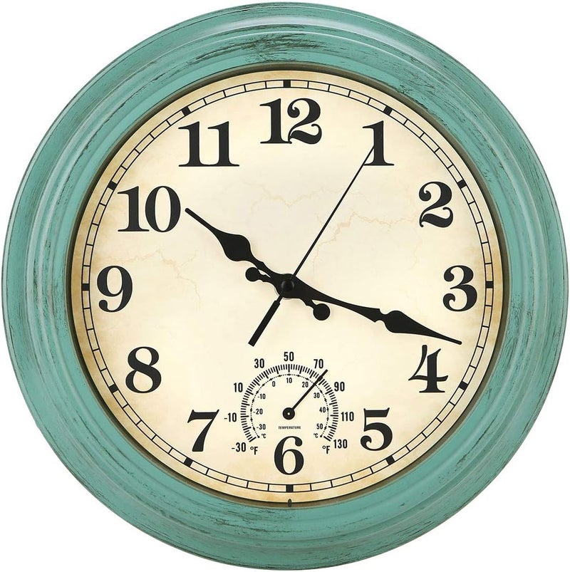 YUMTIM 12 Inch Indoor/Outdoor Retro Waterproof Wall Clock with Thermometer,Vintage Battery Operated Silent Non Ticking Quartz Clock Wall Decorative for Kitchen/Bedroom/Living Room/Bathroom/Patio-Olive green - Image 1