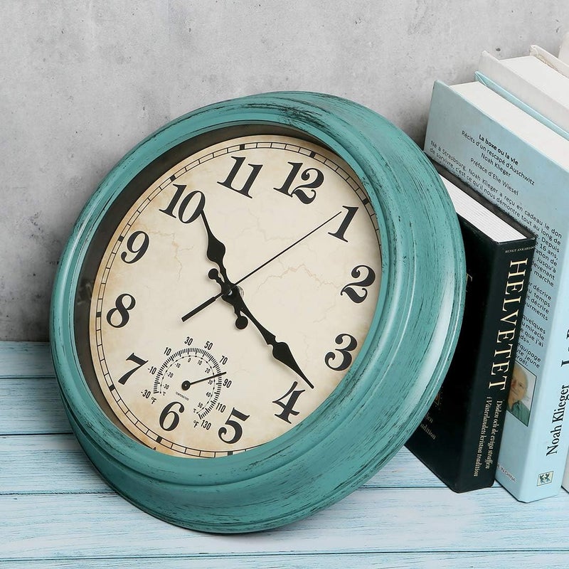 YUMTIM 12 Inch Indoor/Outdoor Retro Waterproof Wall Clock with Thermometer,Vintage Battery Operated Silent Non Ticking Quartz Clock Wall Decorative for Kitchen/Bedroom/Living Room/Bathroom/Patio-Olive green - Image 4