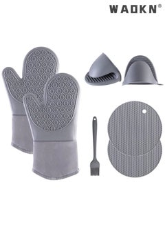 WAOKN Extra Long Oven Mitts and Pot Holders 7Pcs Sets, Heat Resistant 500℉ Non-Slip Silicone Oven Mittens Quilted Liner with Mini Oven Gloves and Hot Pads Potholders for BBQ Kitchen Baking Cooking (Grey)  - Image 1