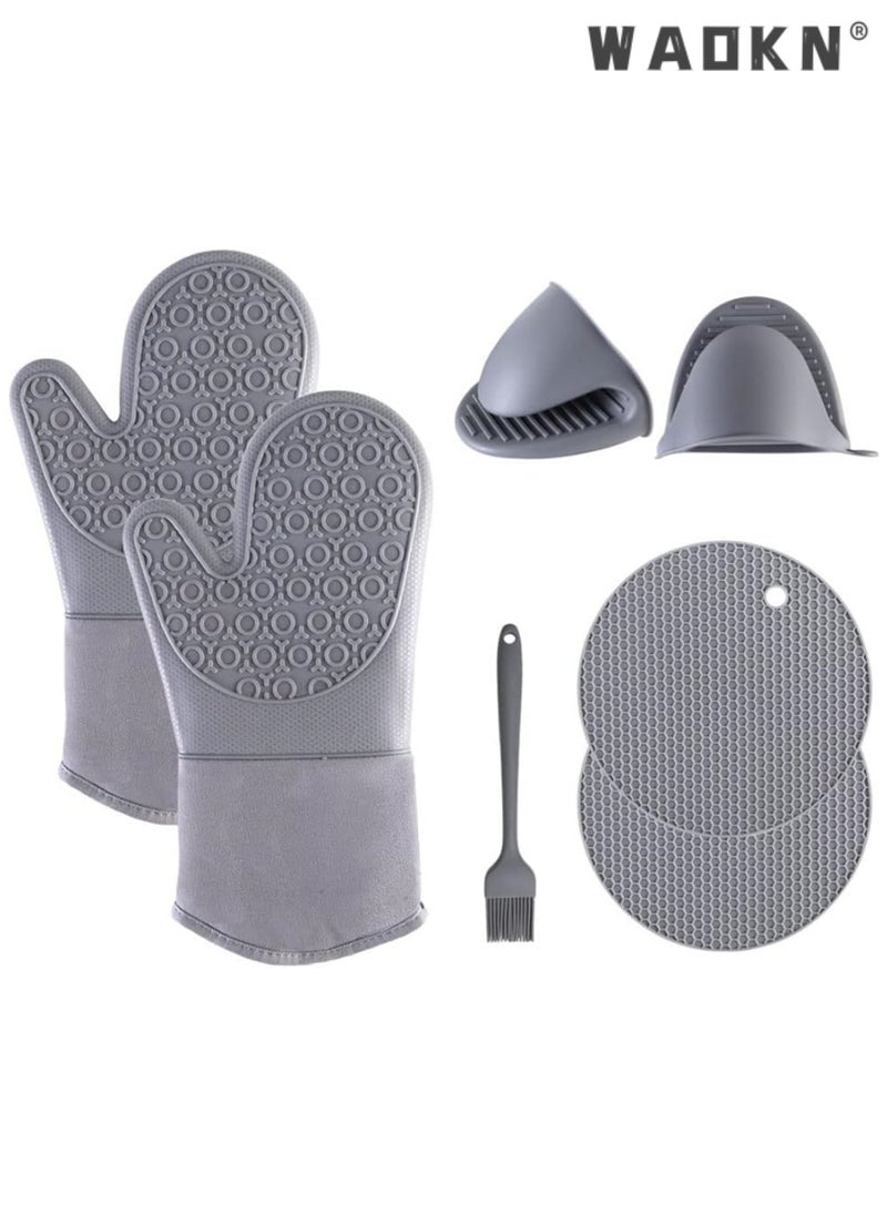 WAOKN Extra Long Oven Mitts and Pot Holders 7Pcs Sets, Heat Resistant 500℉ Non-Slip Silicone Oven Mittens Quilted Liner with Mini Oven Gloves and Hot Pads Potholders for BBQ Kitchen Baking Cooking (Grey)  - Image 1