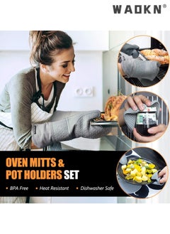 WAOKN Extra Long Oven Mitts and Pot Holders 7Pcs Sets, Heat Resistant 500℉ Non-Slip Silicone Oven Mittens Quilted Liner with Mini Oven Gloves and Hot Pads Potholders for BBQ Kitchen Baking Cooking (Grey)  - Image 4