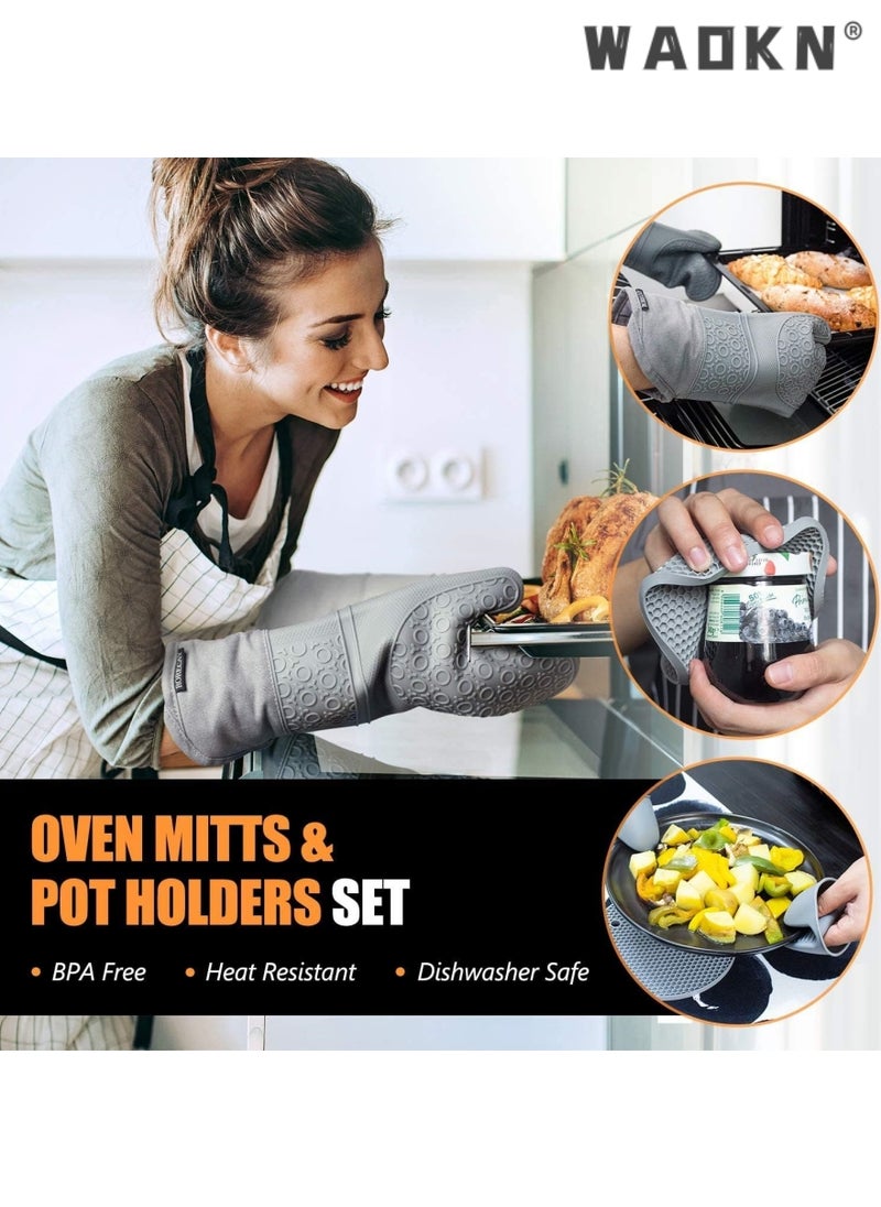 WAOKN Extra Long Oven Mitts and Pot Holders 7Pcs Sets, Heat Resistant 500℉ Non-Slip Silicone Oven Mittens Quilted Liner with Mini Oven Gloves and Hot Pads Potholders for BBQ Kitchen Baking Cooking (Grey)  - Image 4