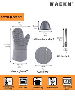 WAOKN Extra Long Oven Mitts and Pot Holders 7Pcs Sets, Heat Resistant 500℉ Non-Slip Silicone Oven Mittens Quilted Liner with Mini Oven Gloves and Hot Pads Potholders for BBQ Kitchen Baking Cooking (Grey)  - Image 2