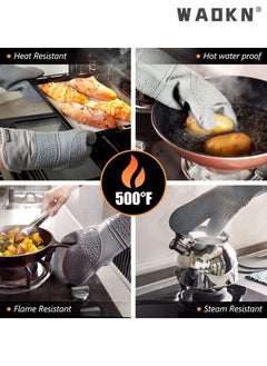 WAOKN Extra Long Oven Mitts and Pot Holders 7Pcs Sets, Heat Resistant 500℉ Non-Slip Silicone Oven Mittens Quilted Liner with Mini Oven Gloves and Hot Pads Potholders for BBQ Kitchen Baking Cooking (Grey)  - Image 5