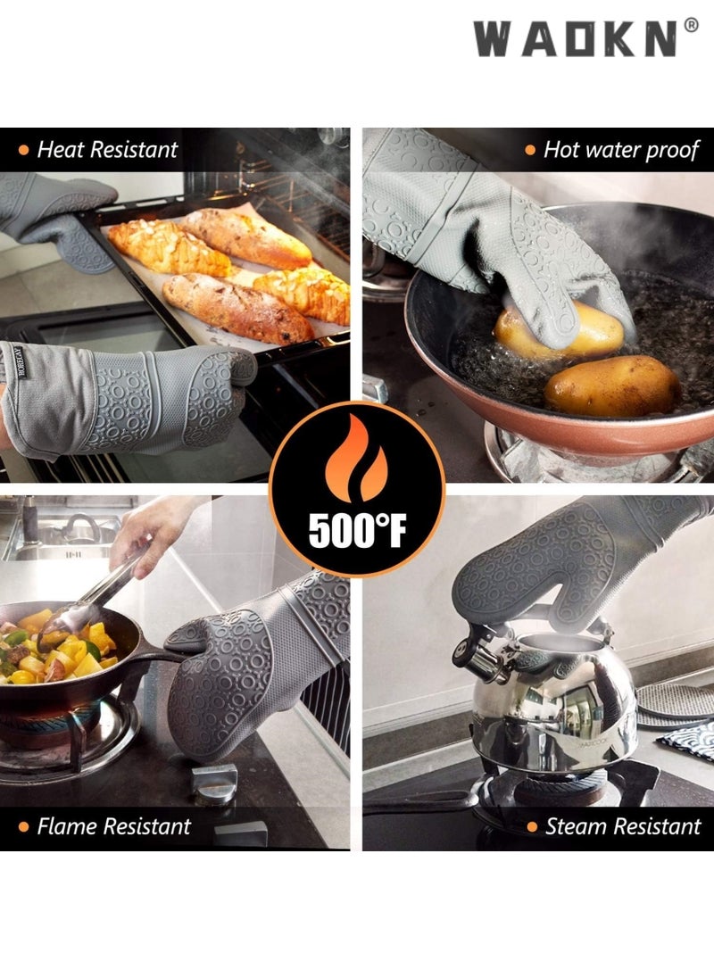 WAOKN Extra Long Oven Mitts and Pot Holders 7Pcs Sets, Heat Resistant 500℉ Non-Slip Silicone Oven Mittens Quilted Liner with Mini Oven Gloves and Hot Pads Potholders for BBQ Kitchen Baking Cooking (Grey)  - Image 5