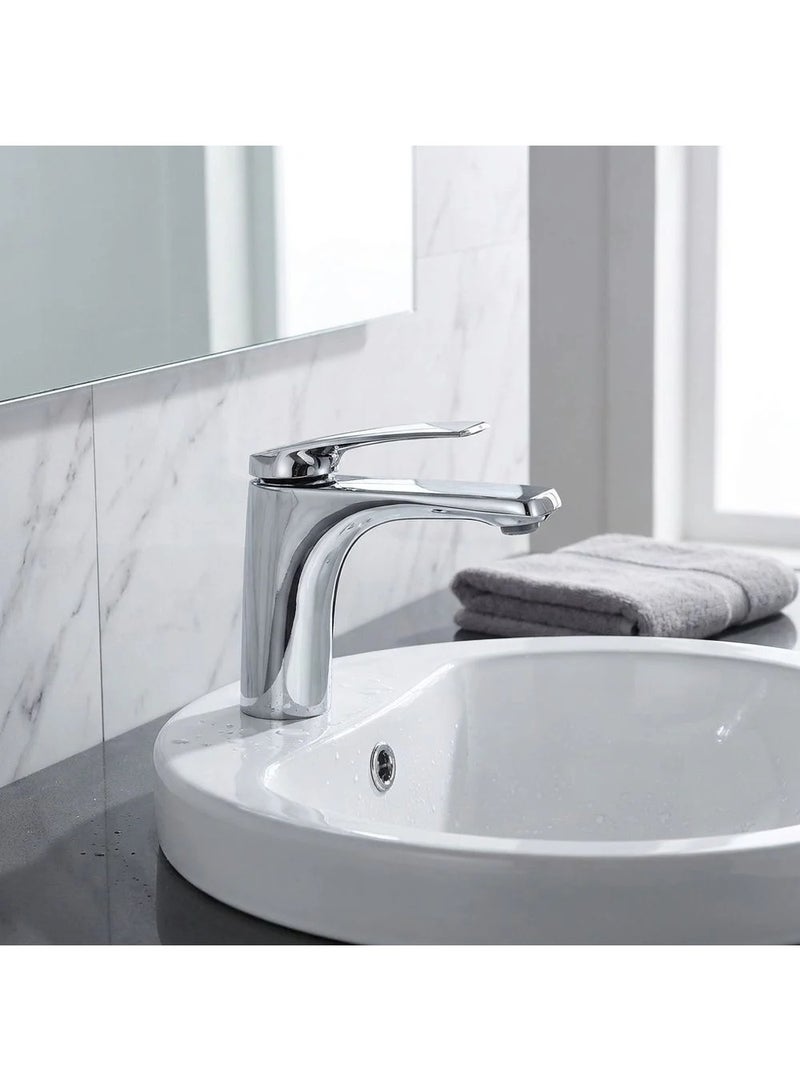 DANUBE HOME Milano Nico Basin Mixer With Pop Up Waste Chrome | Brass Basin Mixer | Single Tap Wash Basin Mixer Sink Faucet For Bathroom Faucet Vanity Lavatory - Chrome - Image 1