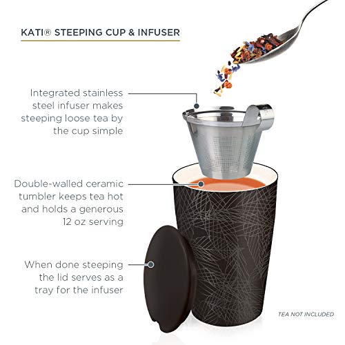 Tea Forte Double-Walled Ceramic Kati Cup, Removable Stainless Steel Infuser Basket and Lid, Steeps 12 oz Loose Leaf Tea, Dishwasher & Microwave Safe, Noir - Image 3