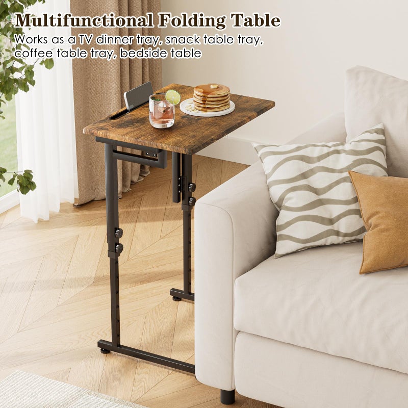 Fleecy day Adjustable Folding TV Tray Table,TV Dinner Small Foldable C-Shaped End Table for Eating,6 Height Adjustable Slide Under Couch Side with Sturdy MDF Top,No Assembly(Brown,2Pcs) - Image 5