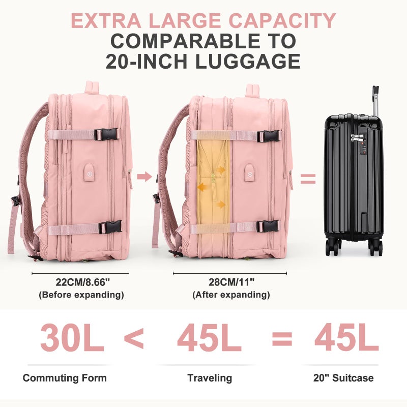 coowoz Large Travel Backpack For Women Men, Carry On Backpack,Hiking Backpack Waterproof Outdoor Sports Rucksack Casual Daypack Expandable Heavy Duty Extra large Backpack Pink Expansion - Image 5