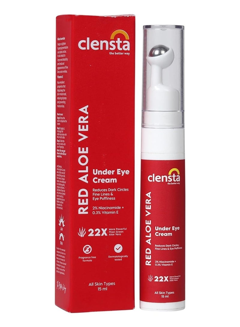 Clensta Red Aloe Vera Under Eye Cream With Niacinamide and Vitamin E  Reduces Dark Circles Fine Lines and Eye Puffiness For Men and Women 15ml - Image 1