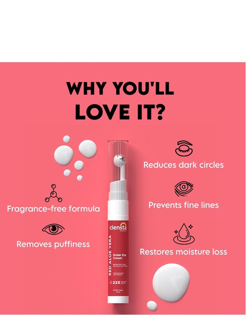 Clensta Red Aloe Vera Under Eye Cream With Niacinamide and Vitamin E  Reduces Dark Circles Fine Lines and Eye Puffiness For Men and Women 15ml - Image 3