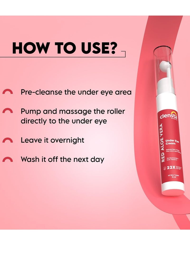 Clensta Red Aloe Vera Under Eye Cream With Niacinamide and Vitamin E  Reduces Dark Circles Fine Lines and Eye Puffiness For Men and Women 15ml - Image 2