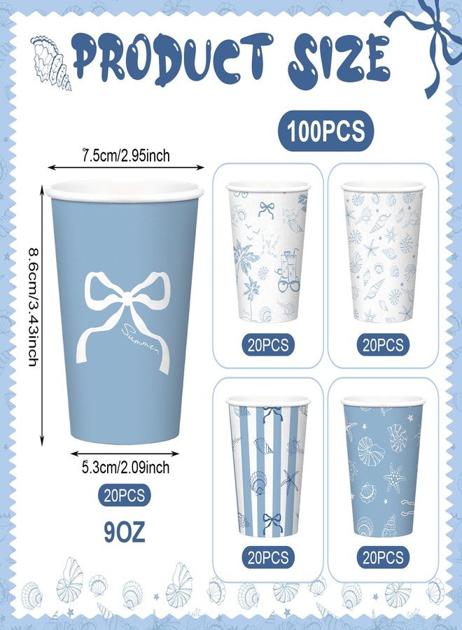 Teecyhooo 100 Pcs 9 oz Blue Bow Starfish Seashell Paper Cups Blue Coastal Ocean Nautical Beach Under The Sea Paper Disposable Cups for Last Toast on The Coast Birthday Bachelorette Party Decorations - Image 2