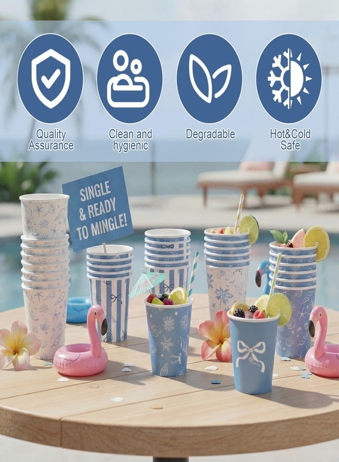 Teecyhooo 100 Pcs 9 oz Blue Bow Starfish Seashell Paper Cups Blue Coastal Ocean Nautical Beach Under The Sea Paper Disposable Cups for Last Toast on The Coast Birthday Bachelorette Party Decorations - Image 4