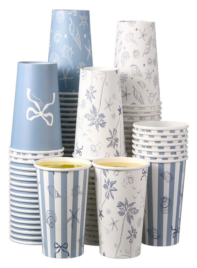 Teecyhooo 100 Pcs 9 oz Blue Bow Starfish Seashell Paper Cups Blue Coastal Ocean Nautical Beach Under The Sea Paper Disposable Cups for Last Toast on The Coast Birthday Bachelorette Party Decorations - Image 1