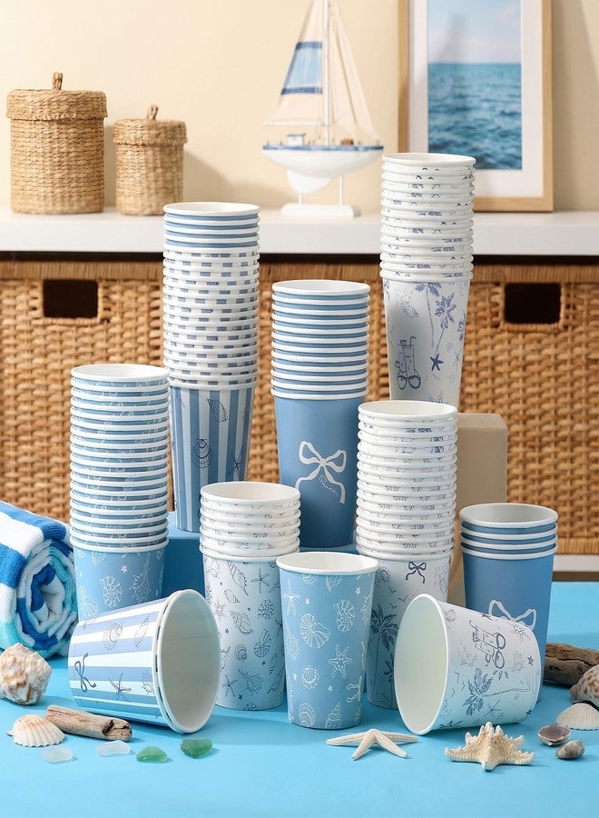 Teecyhooo 100 Pcs 9 oz Blue Bow Starfish Seashell Paper Cups Blue Coastal Ocean Nautical Beach Under The Sea Paper Disposable Cups for Last Toast on The Coast Birthday Bachelorette Party Decorations - Image 3