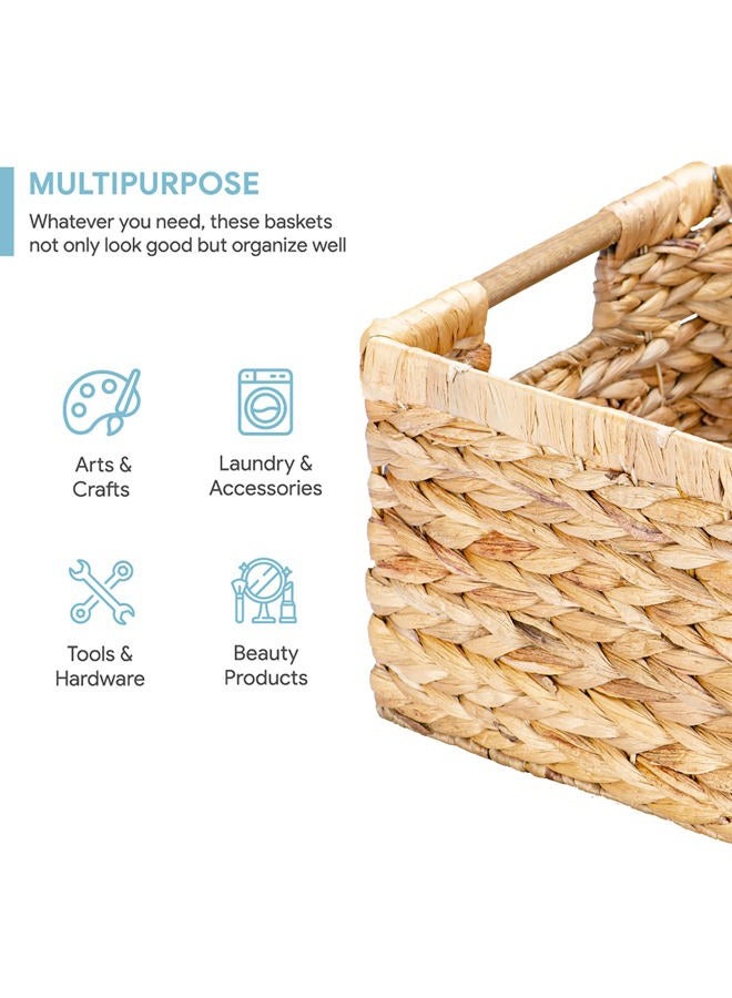 VATIMA Large Rectangular Wicker Basket with Wooden Handles for Shelves and Storage - Natural Water Hyacinth Basket for Organizing, 14.5 x 10.3 x 7.5 inches - Image 2