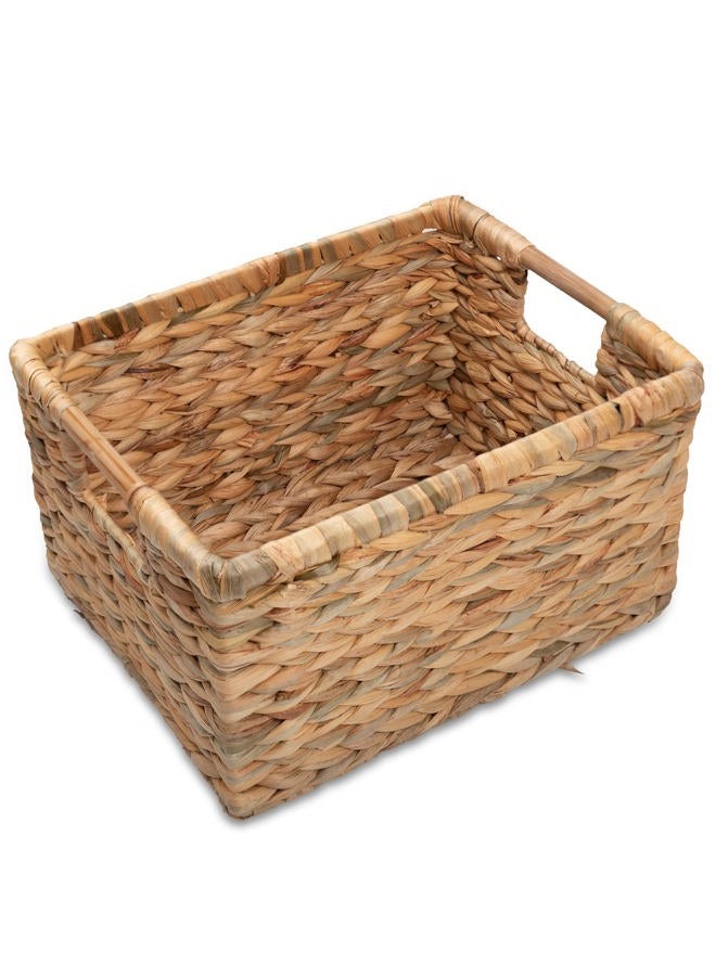 VATIMA Large Rectangular Wicker Basket with Wooden Handles for Shelves and Storage - Natural Water Hyacinth Basket for Organizing, 14.5 x 10.3 x 7.5 inches - Image 1