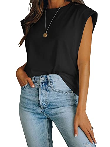 Fazortev Women's Cap Sleeve Tank Top Crew Neck T Shirts Loose Fit Basic Summer Casual Tee Tops Black - Image 2